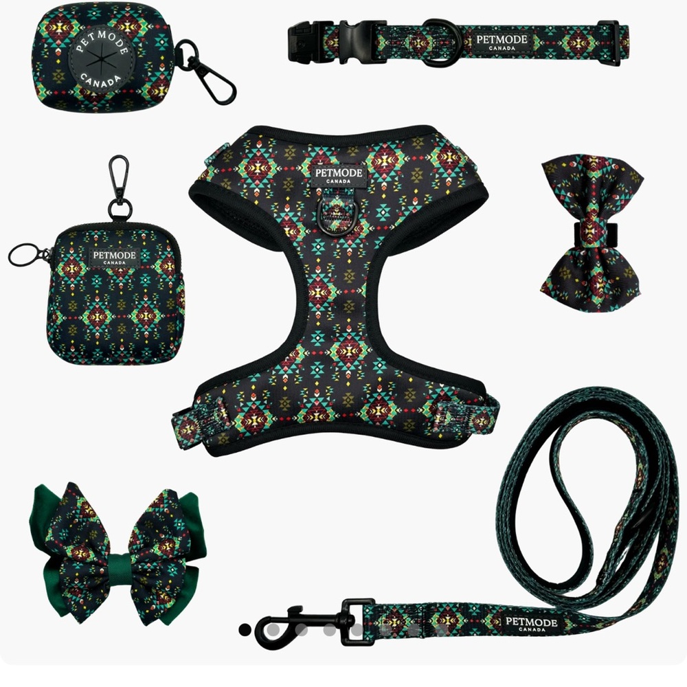 Patterned Dog Harness and Leash Set - Black and Green Size S